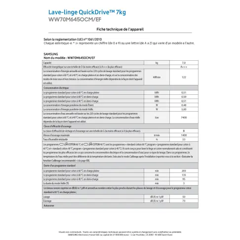 Lave-linge frontal SAMSUNG WW 70 M 645 OCM - 10