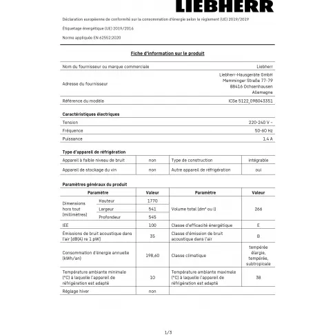 Réfrigérateur intégrable combiné inversé LIEBHERR ICSE5122-20 - 2