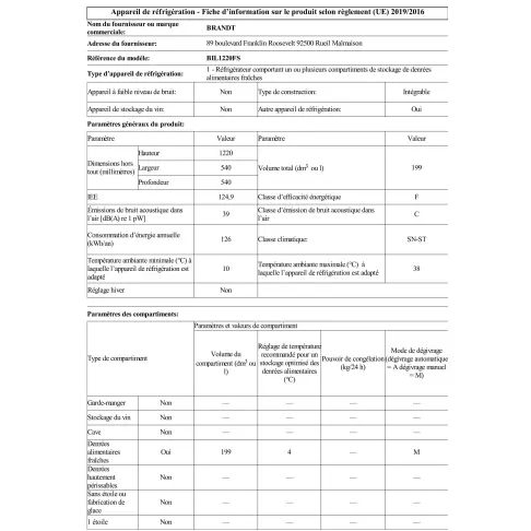 Réfrigérateur intégré 1 porte BRANDT BIL1220FS - 2