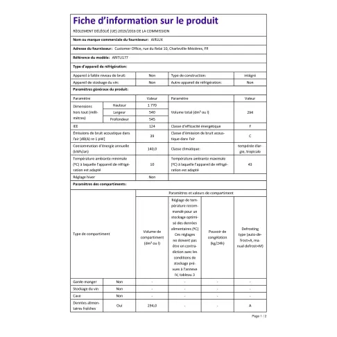 Réfrigérateur intégré 1 porte AIRLUX ARITU177 - 2