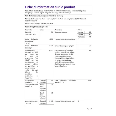 Lave-linge frontal SAMSUNG WW70T303MWW - 2