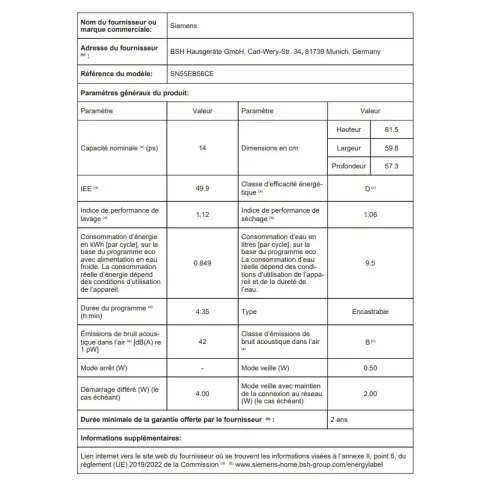 Lave-vaisselle intégré 60 cm SIEMENS SN55EB56CE - 2