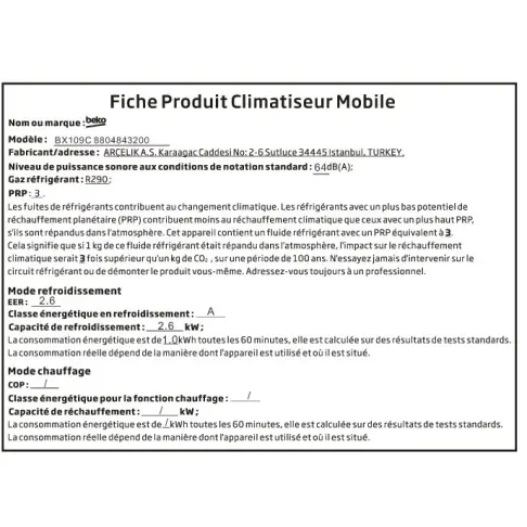 Climatiseur monobloc BEKO BX 109 C - 2