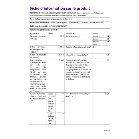 Lave-linge frontal BEKO LLF 10 W 6 - 2