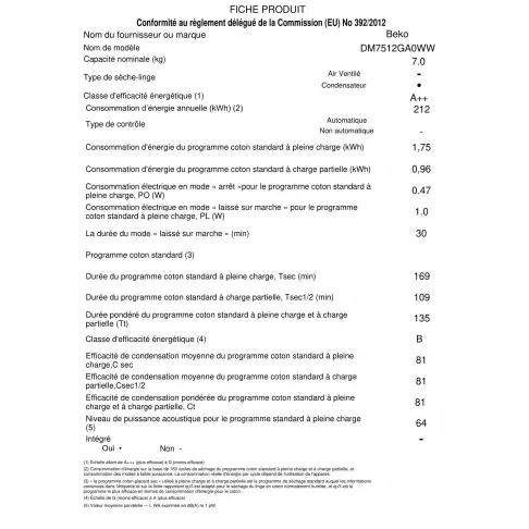 BEKO DM7512GA0WW - Sèche linge hublot, 7 kg, Pompe à chaleur, A++ - 2