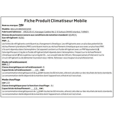 Climatiseur monobloc BEKO BA 112 H - 2