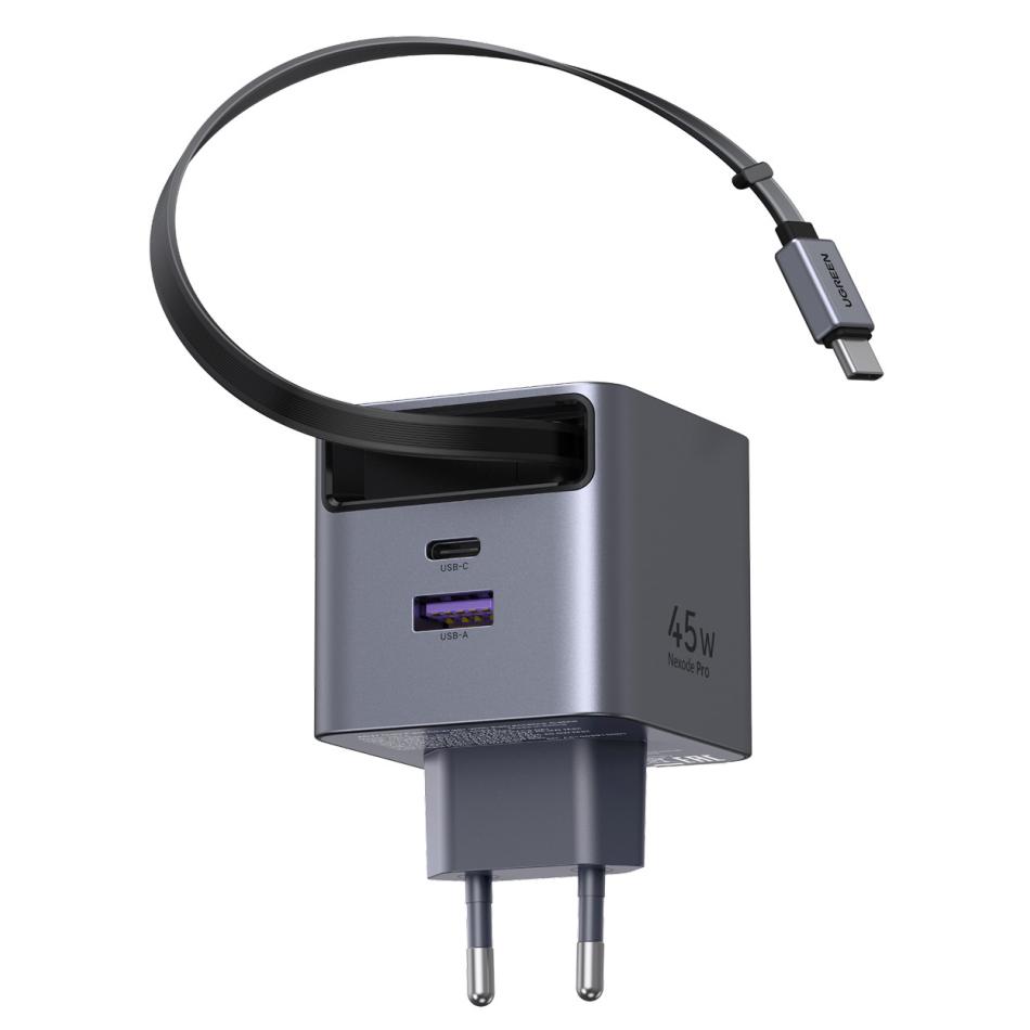 Chargeur mural USB A + câble USB C rétractable