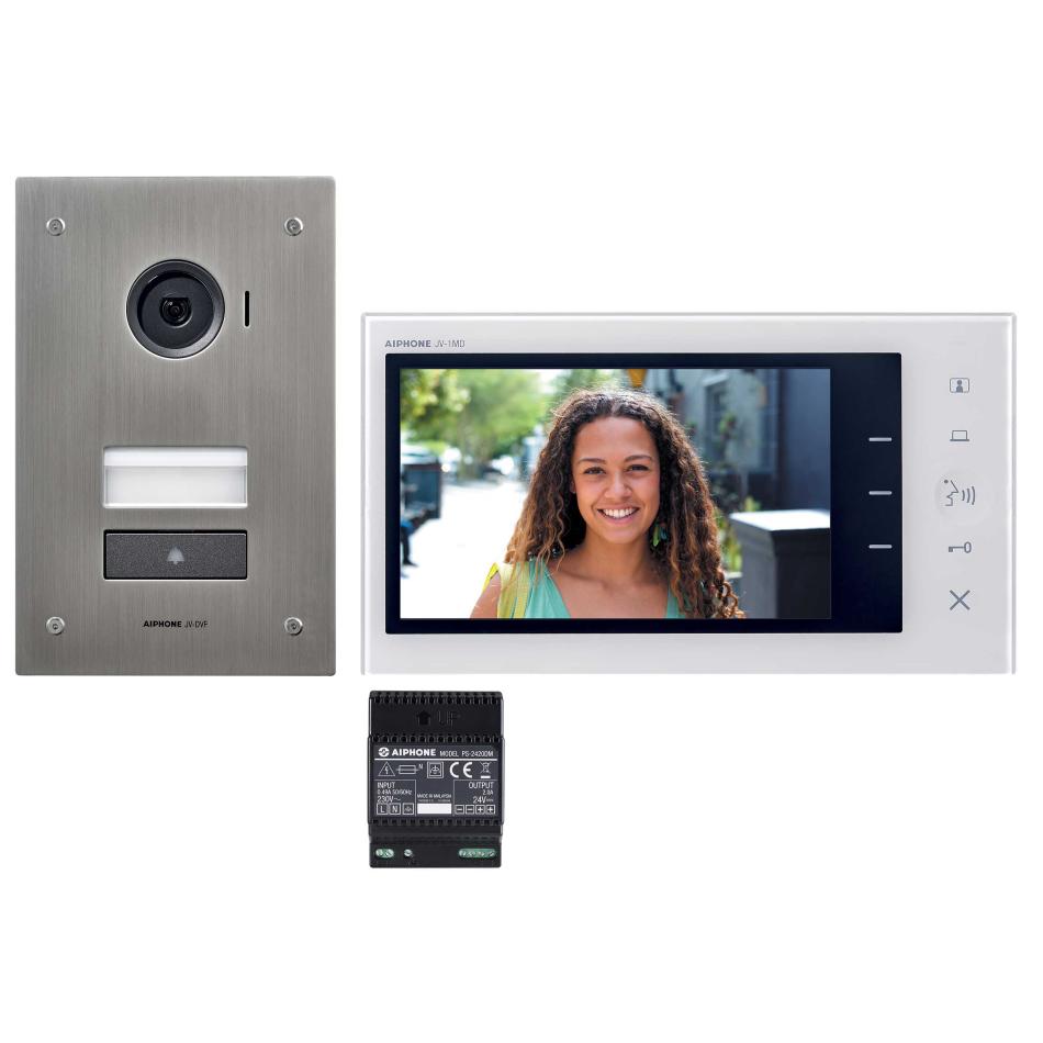Aiphone Kit portier vidéo JV 2 fils intégral, platine inox encastrée, moniteur 7 pouces et alimentation - JVS1F